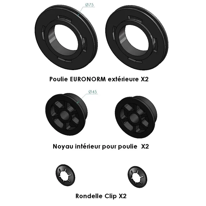 Poulie Fixe PVC EURONORM Diamètre 75 mm + clip (la paire)