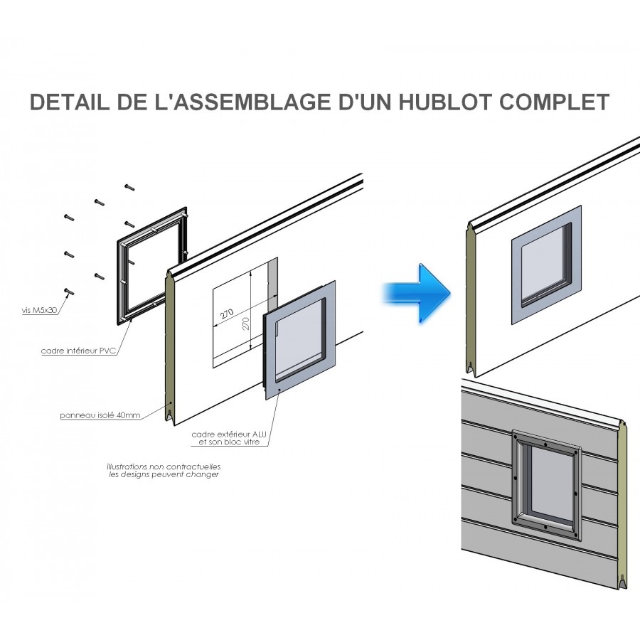 Hublot Rectangulaire 310mm à visser blanc 1 vitre porte 22 à 24 mm pour  porte de garage