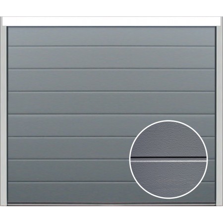 Sectional garage door with wood look in anthracite grey colour