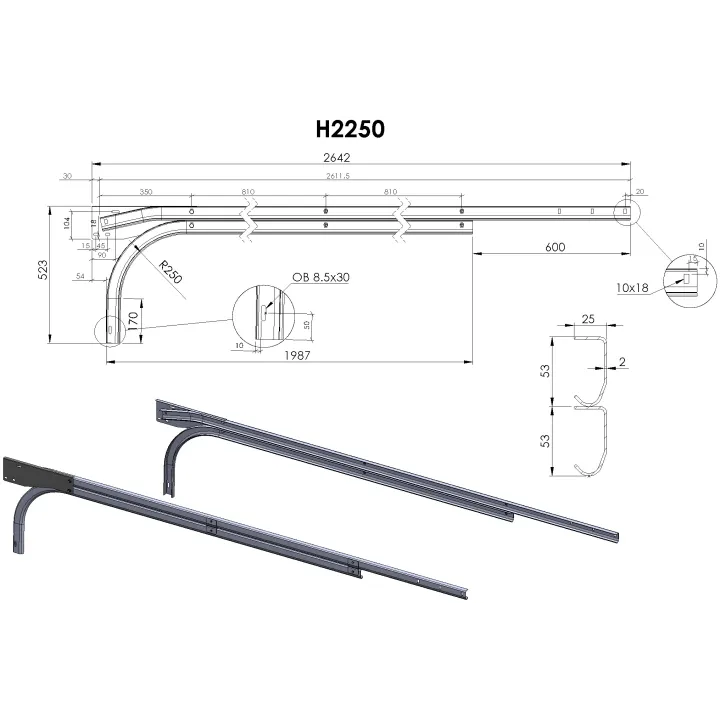 Doubles Rails Horizontaux Sectionnelle H2250