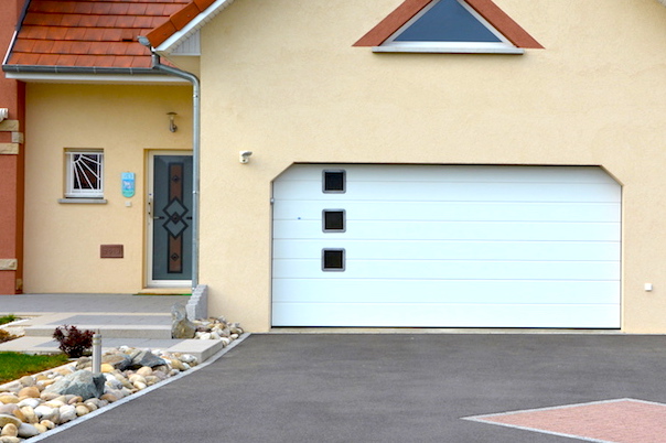 Anthracite gray sectional garage door with smooth slats without grooves